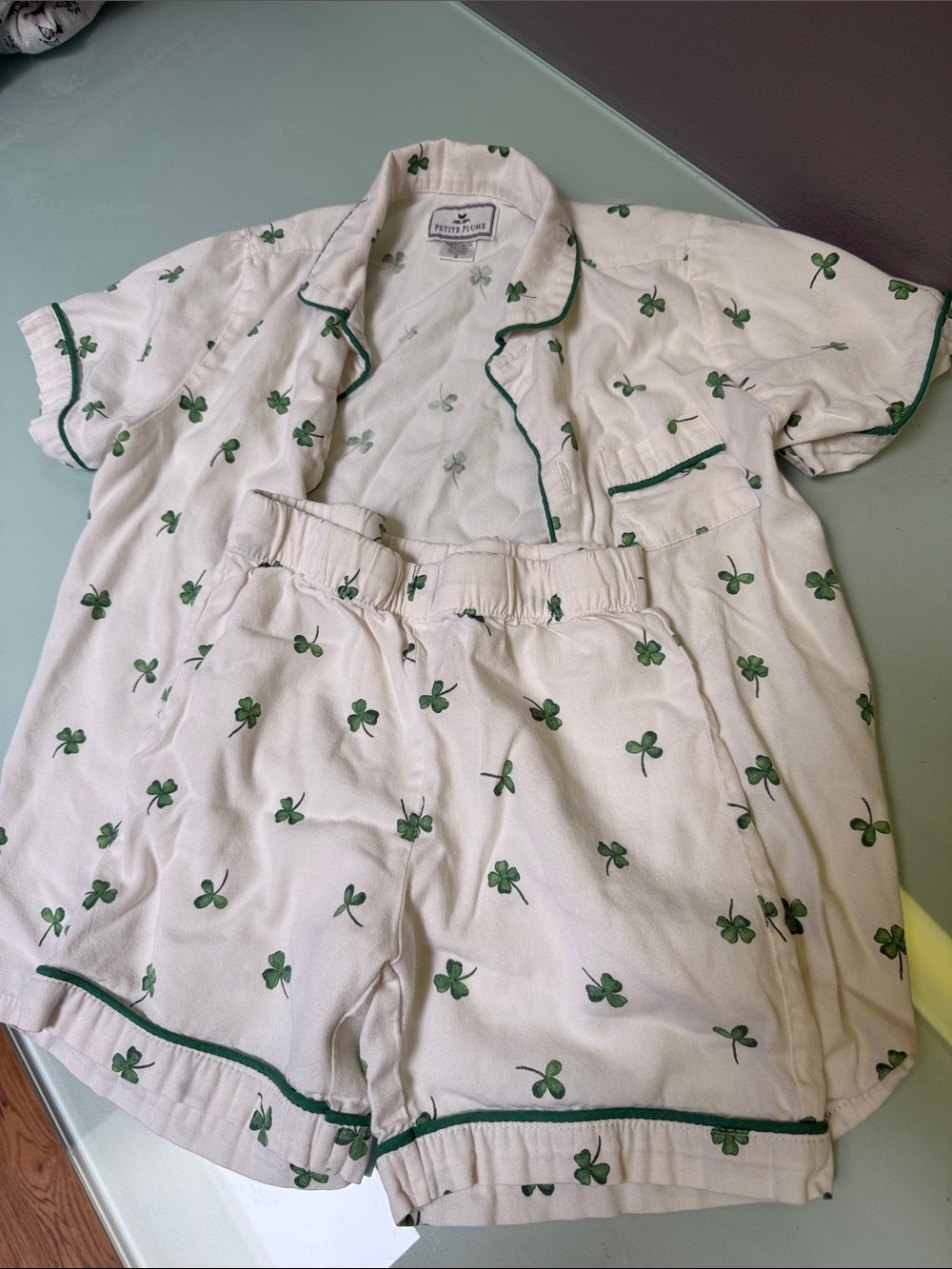 Petite Plume Cream Kids Pajama Set with Green Clover Print